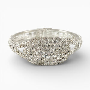 Vintage Silver tone Encrusted Clear Rhinestone Clamper Cuff Bracelet. Bridal